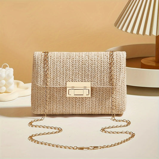 Handwoven Straw Crossbody Bag with Elegant Gold Chain Strap
