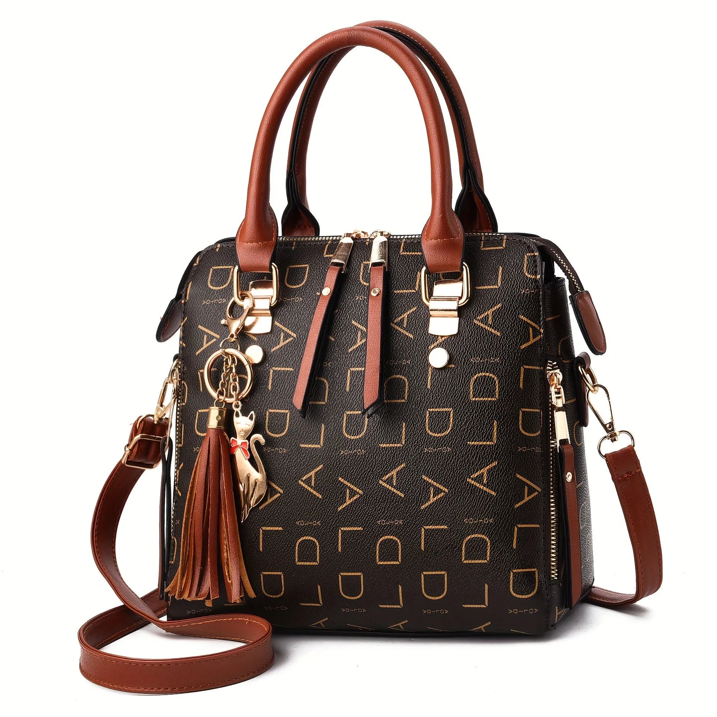Monogram Vegan Leather Satchel with Tassel and Cat Charm