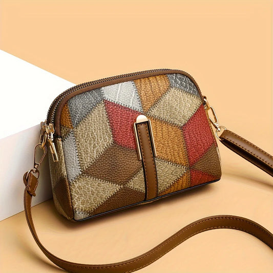 Geometric Patchwork Vegan Leather Mini Crossbody Bag
