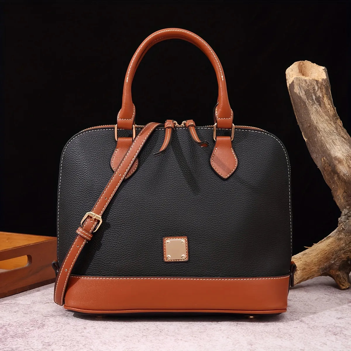 Structured Lychee Pattern Vegan Leather Handbag with Contrast Trim