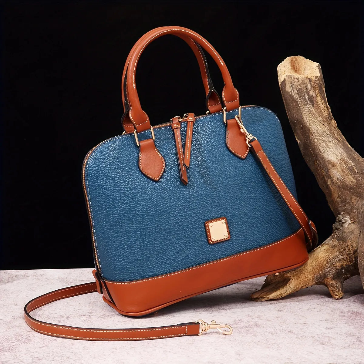 Structured Lychee Pattern Vegan Leather Handbag with Contrast Trim