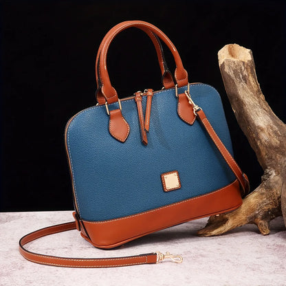 Structured Lychee Pattern Vegan Leather Handbag with Contrast Trim