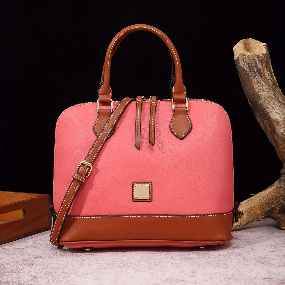 Structured Lychee Pattern Vegan Leather Handbag with Contrast Trim