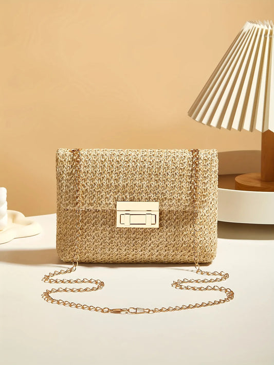 Handwoven Straw Crossbody Bag with Elegant Gold Chain Strap