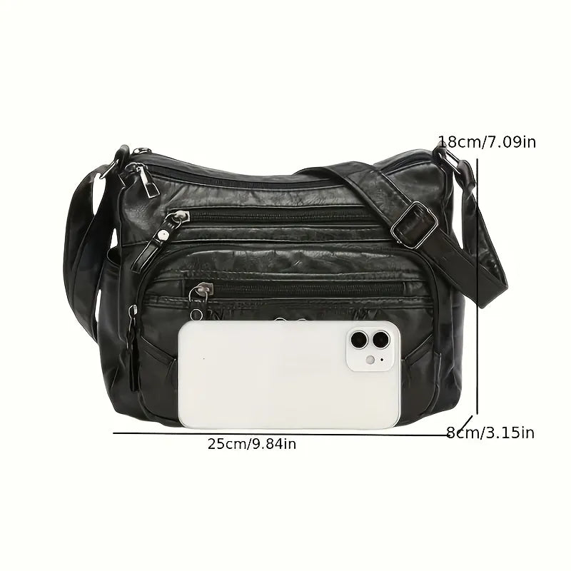 Vintage Vegan Leather Multi-Pocket Crossbody Bag with Heart Accent