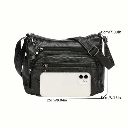 Vintage Vegan Leather Multi-Pocket Crossbody Bag with Heart Accent