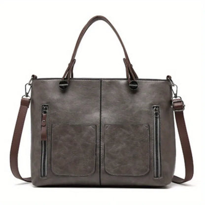 Vintage Vegan Leather Large Capacity Tote Bag with Utility Pockets