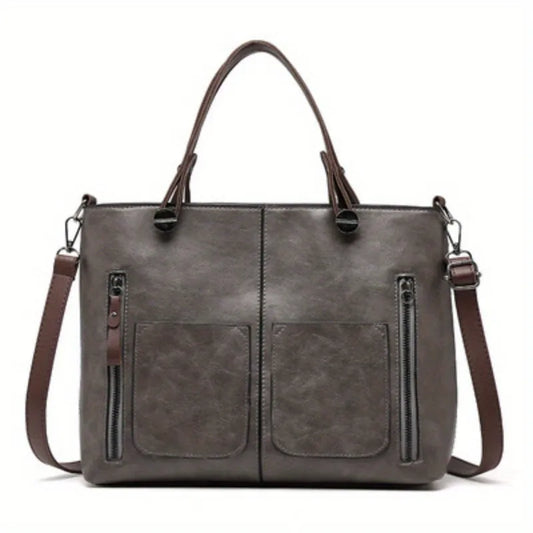 Vintage Vegan Leather Large Capacity Tote Bag with Utility Pockets