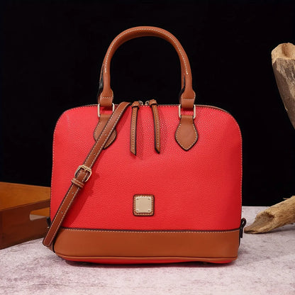 Structured Lychee Pattern Vegan Leather Handbag with Contrast Trim