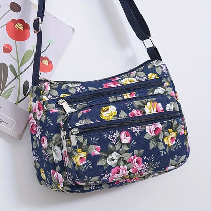 Bohemian Floral Canvas Multi-Pocket Crossbody Bag for Daily Commute