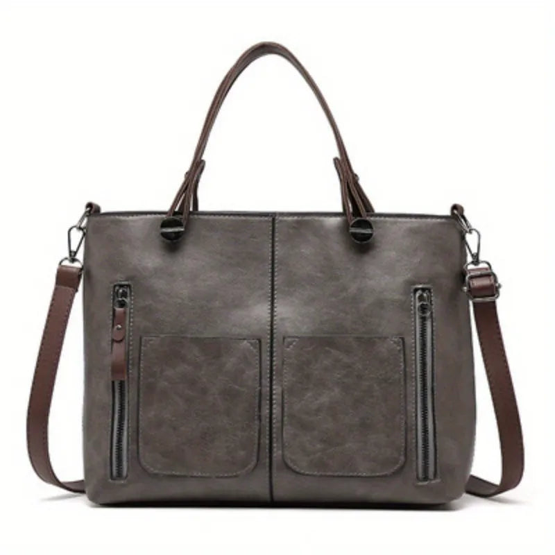 Vintage Vegan Leather Large Capacity Tote Bag with Utility Pockets