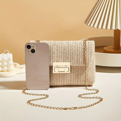 Handwoven Straw Crossbody Bag with Elegant Gold Chain Strap