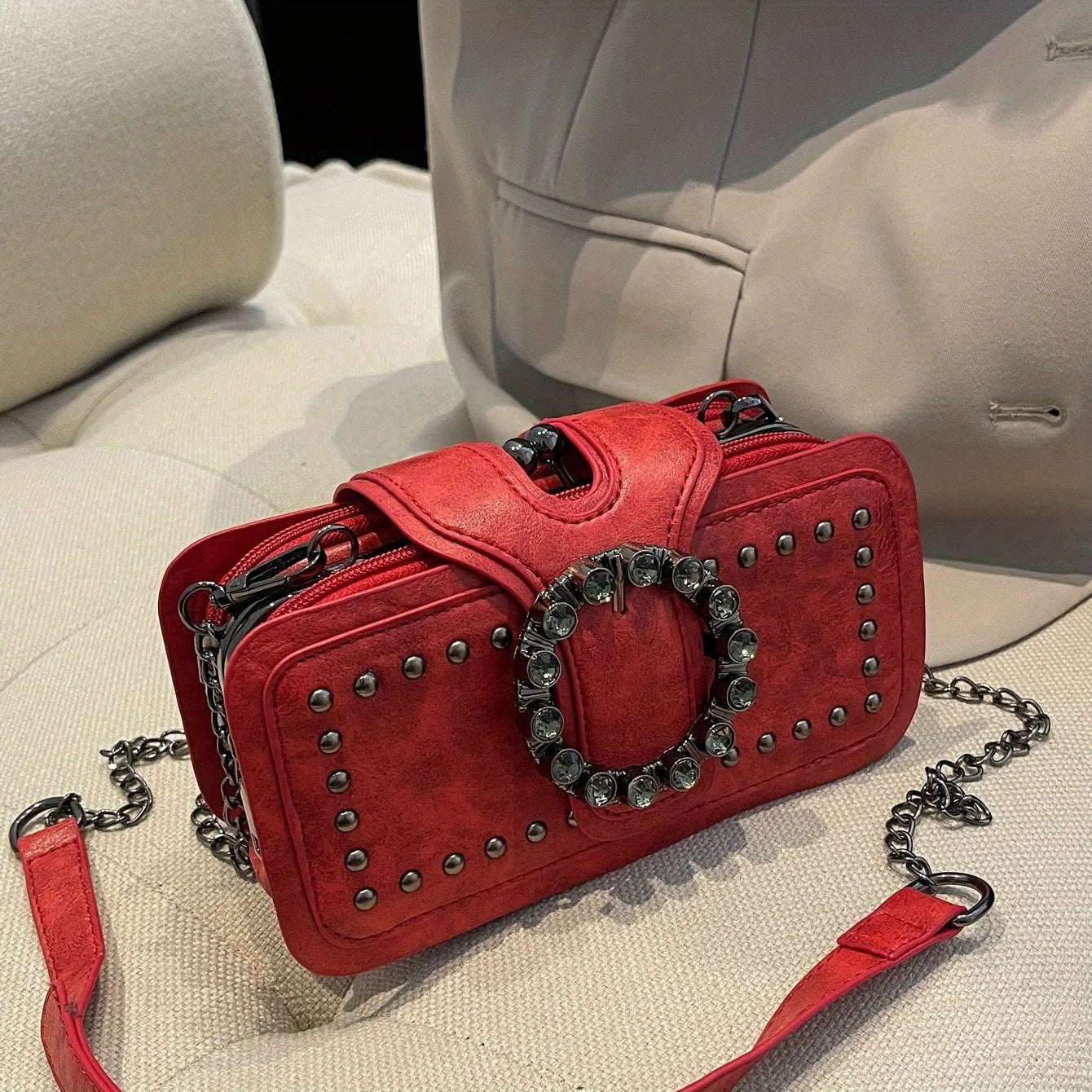 Vintage Studded Vegan Leather Crossbody Clutch with Crystal Buckle