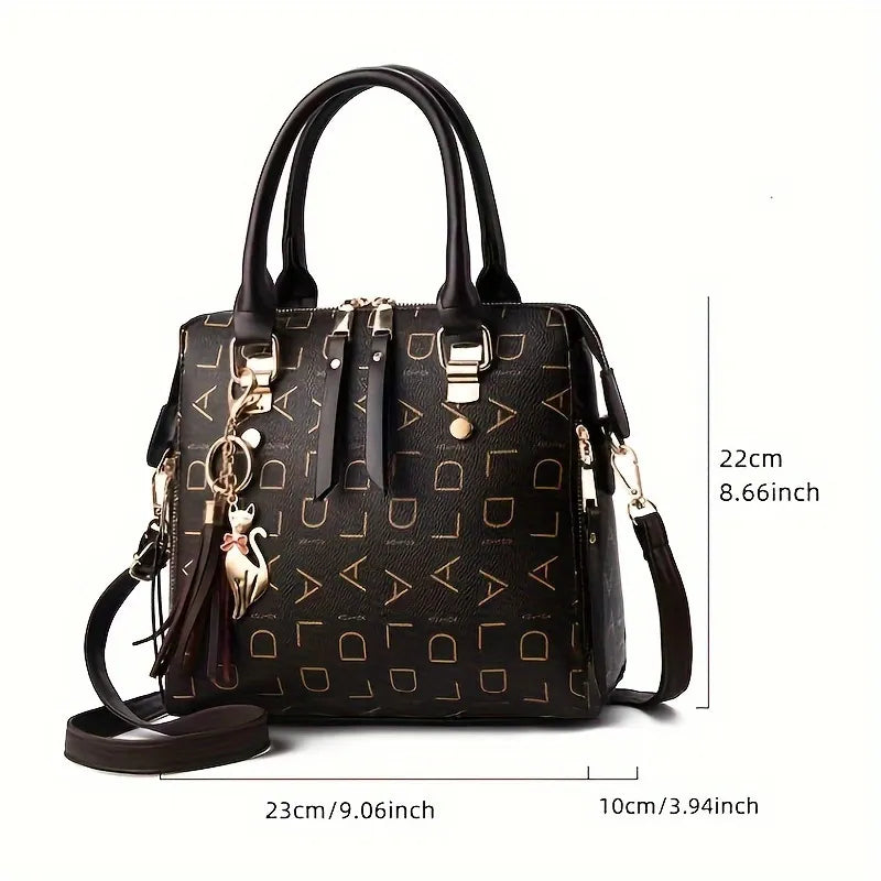 Monogram Vegan Leather Satchel with Tassel and Cat Charm