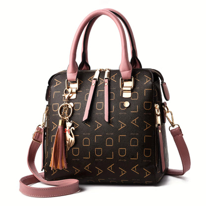 Monogram Vegan Leather Satchel with Tassel and Cat Charm