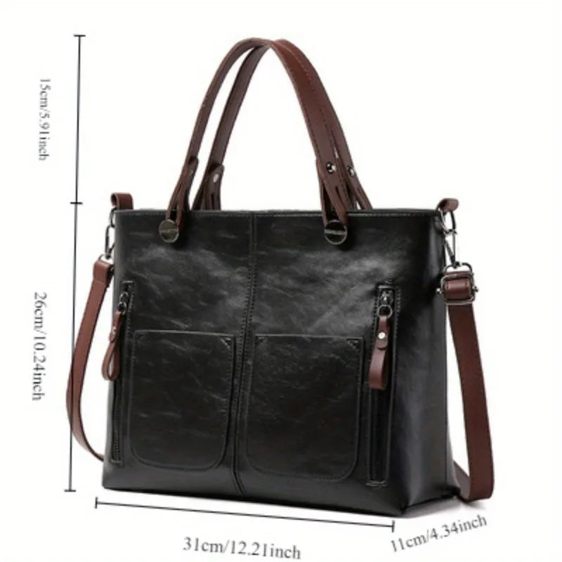 Vintage Vegan Leather Large Capacity Tote Bag with Utility Pockets