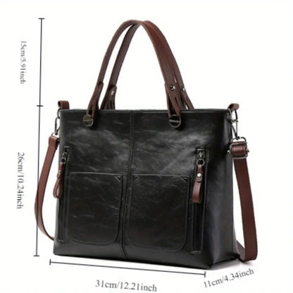 Vintage Vegan Leather Large Capacity Tote Bag with Utility Pockets