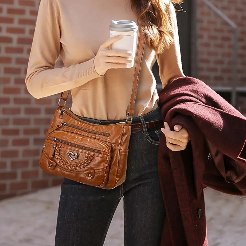 Vintage Vegan Leather Multi-Pocket Crossbody Bag with Heart Accent