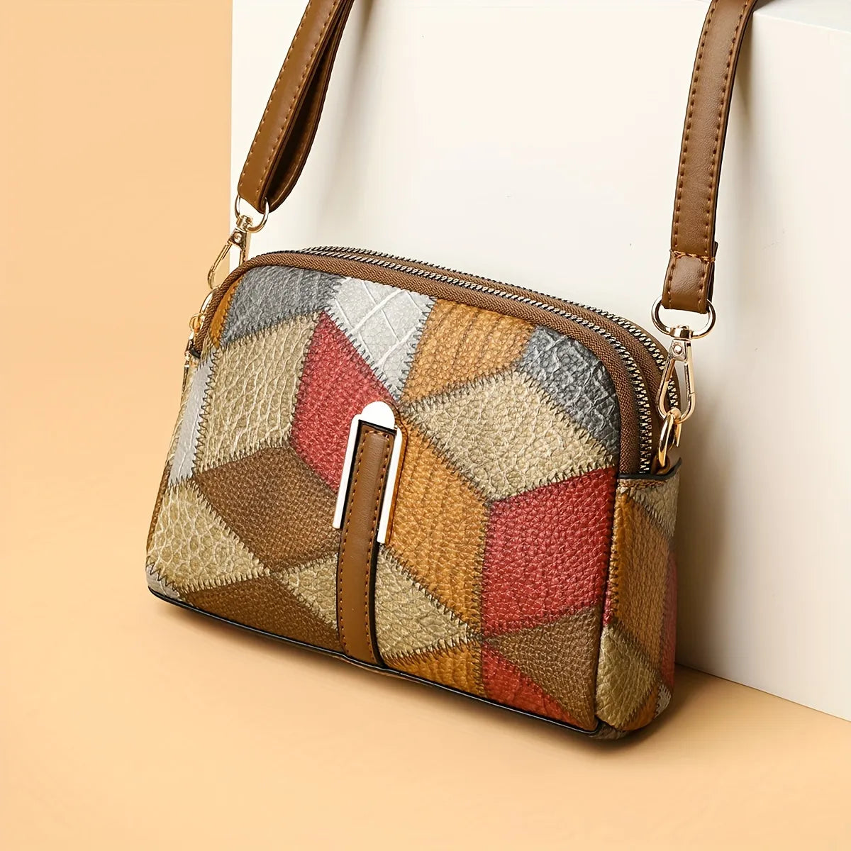 Geometric Patchwork Vegan Leather Mini Crossbody Bag