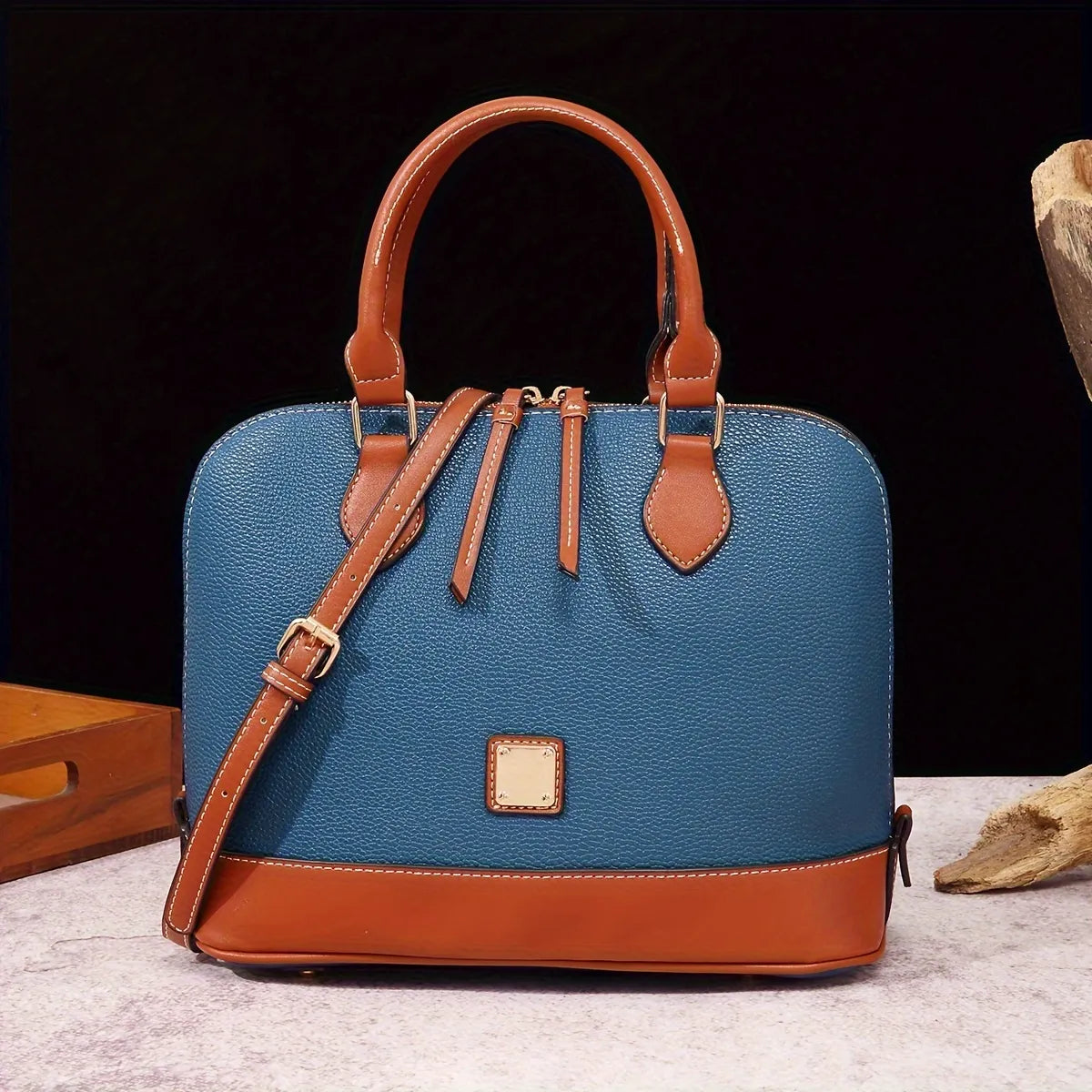 Structured Lychee Pattern Vegan Leather Handbag with Contrast Trim