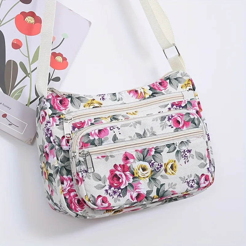 Bohemian Floral Canvas Multi-Pocket Crossbody Bag for Daily Commute