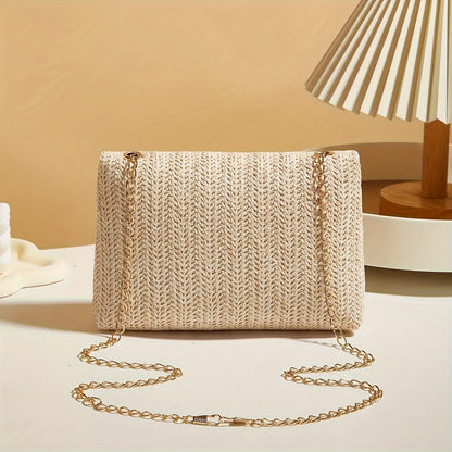 Handwoven Straw Crossbody Bag with Elegant Gold Chain Strap