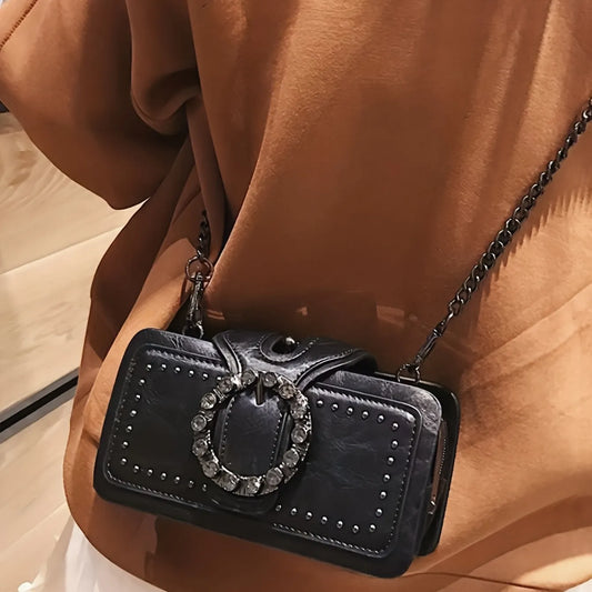 Vintage Studded Vegan Leather Crossbody Clutch with Crystal Buckle
