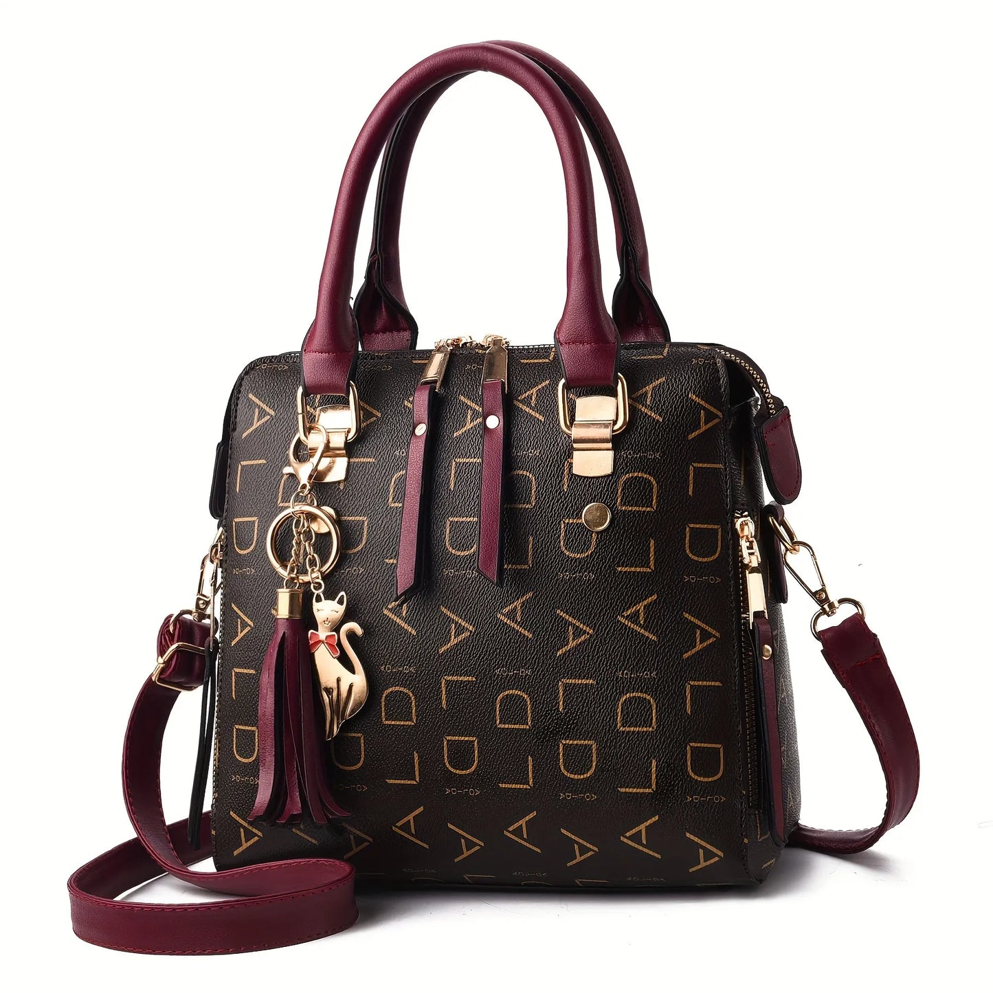 Monogram Vegan Leather Satchel with Tassel and Cat Charm