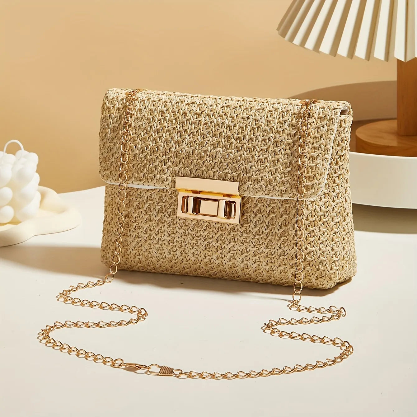 Handwoven Straw Crossbody Bag with Elegant Gold Chain Strap