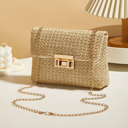 Handwoven Straw Crossbody Bag with Elegant Gold Chain Strap