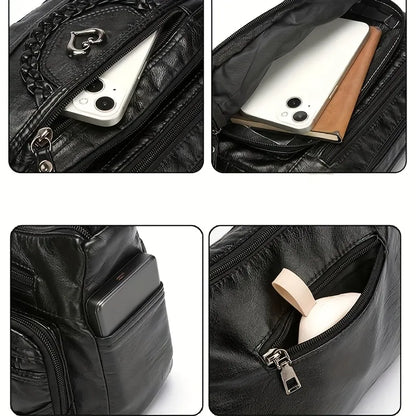 Vintage Vegan Leather Multi-Pocket Crossbody Bag with Heart Accent