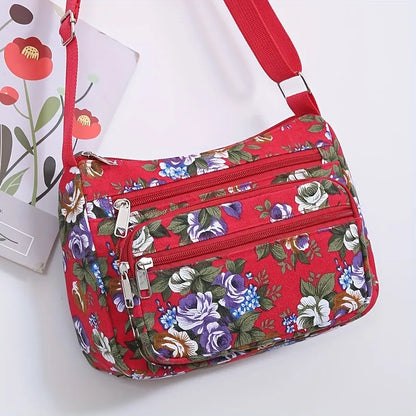 Bohemian Floral Canvas Multi-Pocket Crossbody Bag for Daily Commute