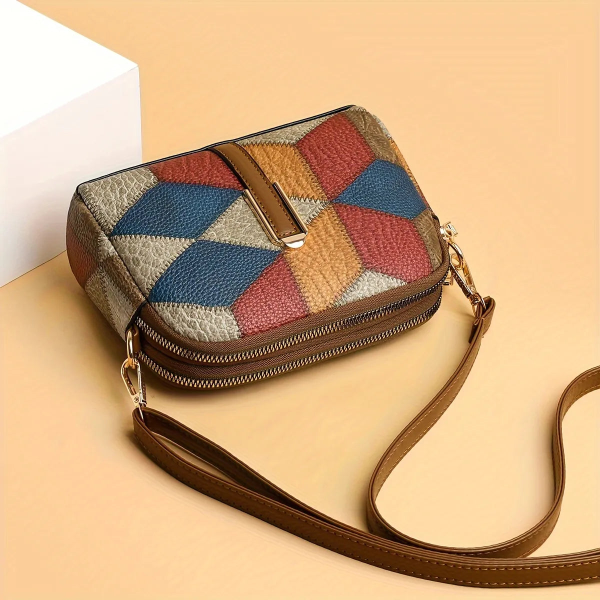 Geometric Patchwork Vegan Leather Mini Crossbody Bag