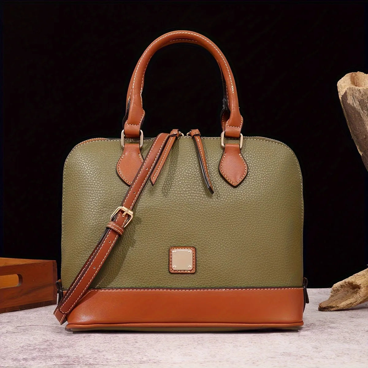 Structured Lychee Pattern Vegan Leather Handbag with Contrast Trim