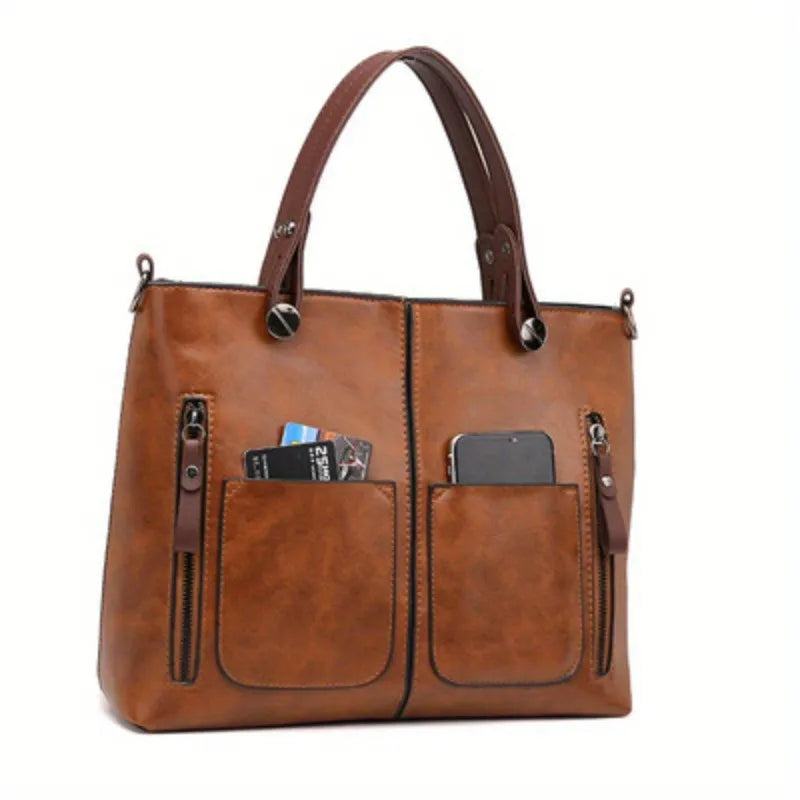 Vintage Vegan Leather Large Capacity Tote Bag with Utility Pockets