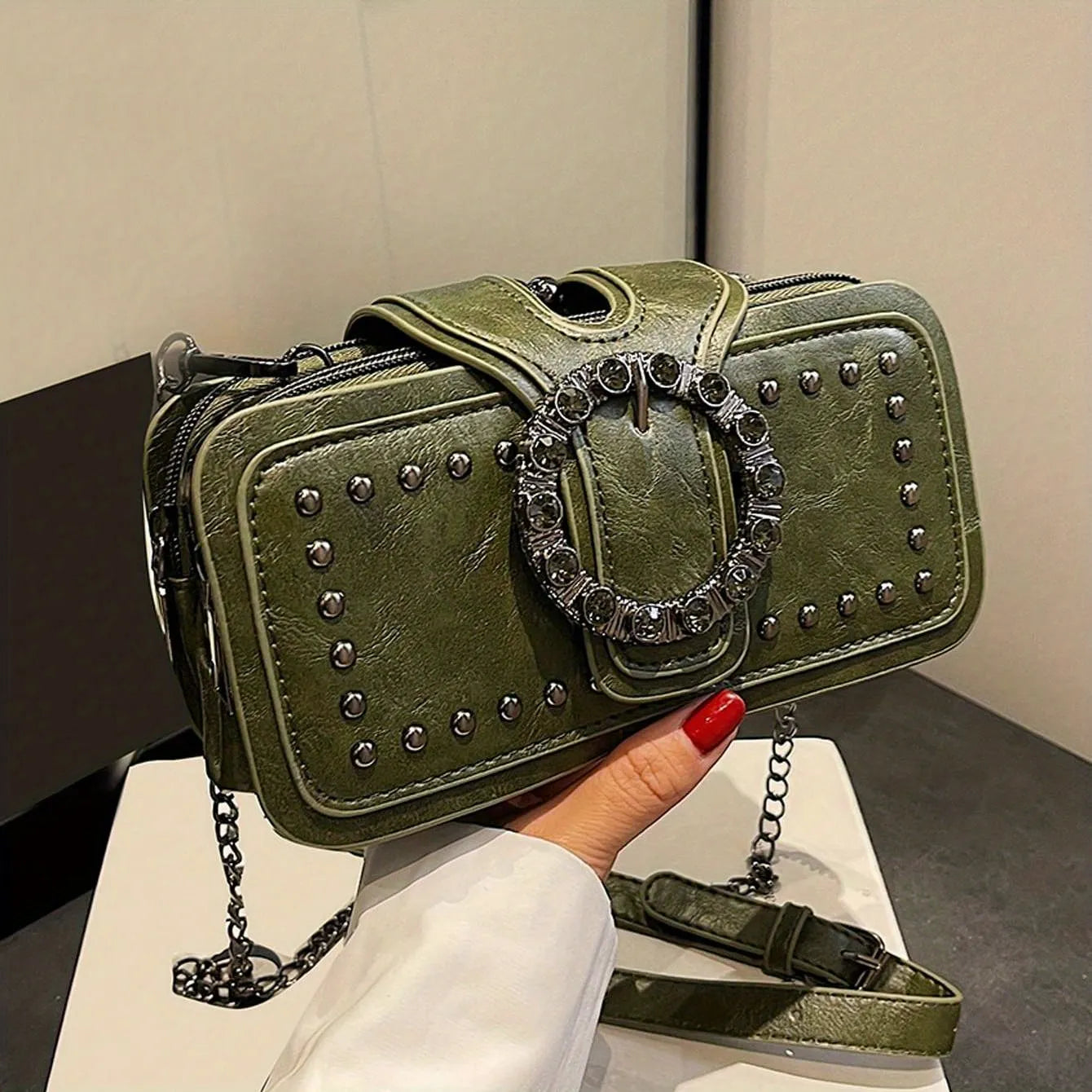 Vintage Studded Vegan Leather Crossbody Clutch with Crystal Buckle