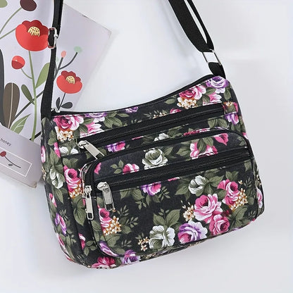 Bohemian Floral Canvas Multi-Pocket Crossbody Bag for Daily Commute
