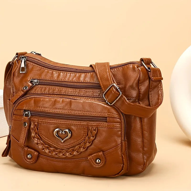 Vintage Vegan Leather Multi-Pocket Crossbody Bag with Heart Accent