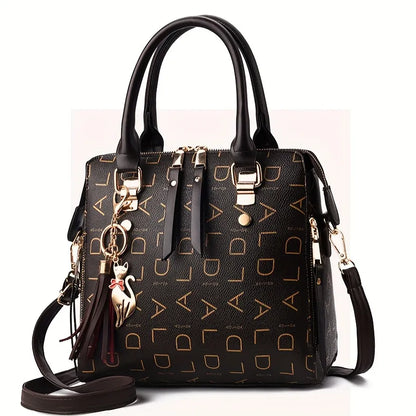 Monogram Vegan Leather Satchel with Tassel and Cat Charm