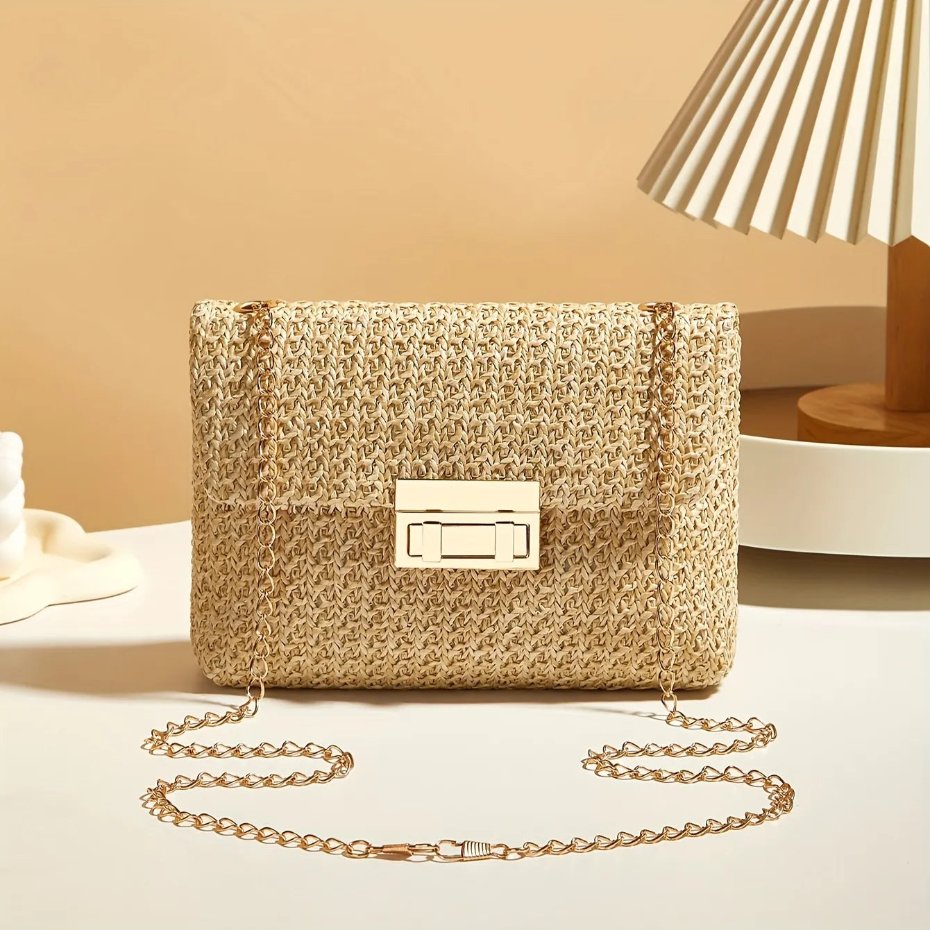 Handwoven Straw Crossbody Bag with Elegant Gold Chain Strap