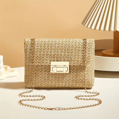 Handwoven Straw Crossbody Bag with Elegant Gold Chain Strap