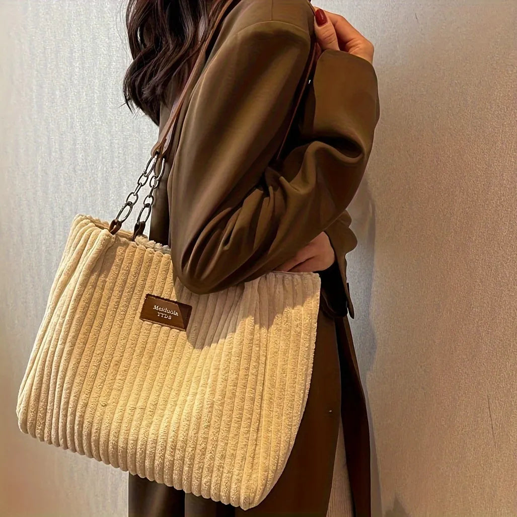 Luxury Faux Fur Tote Bag with Leather Handles and Chain