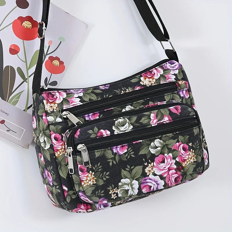 Bohemian Floral Canvas Multi-Pocket Crossbody Bag for Daily Commute