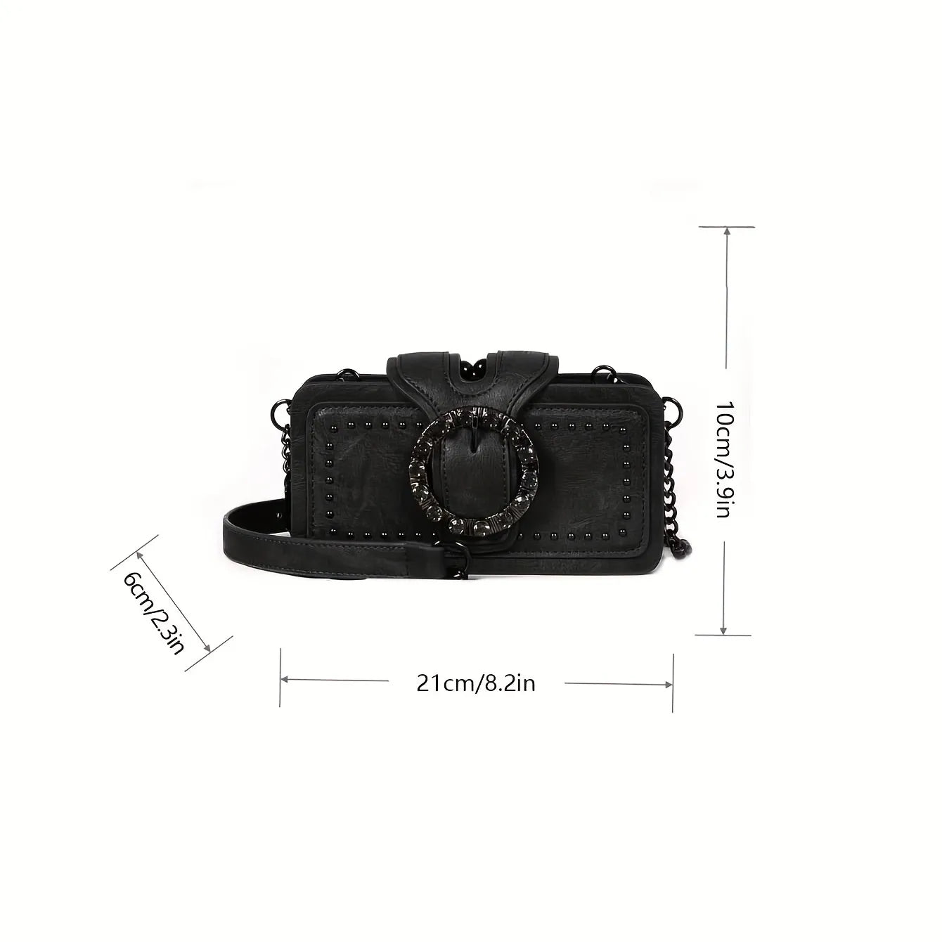 Vintage Studded Vegan Leather Crossbody Clutch with Crystal Buckle