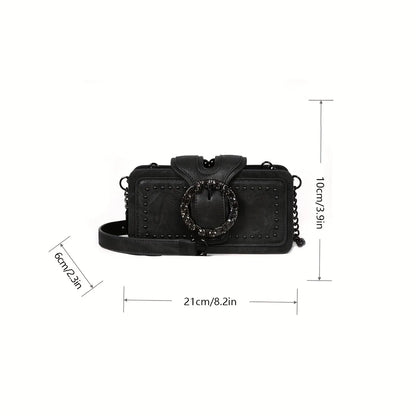 Vintage Studded Vegan Leather Crossbody Clutch with Crystal Buckle