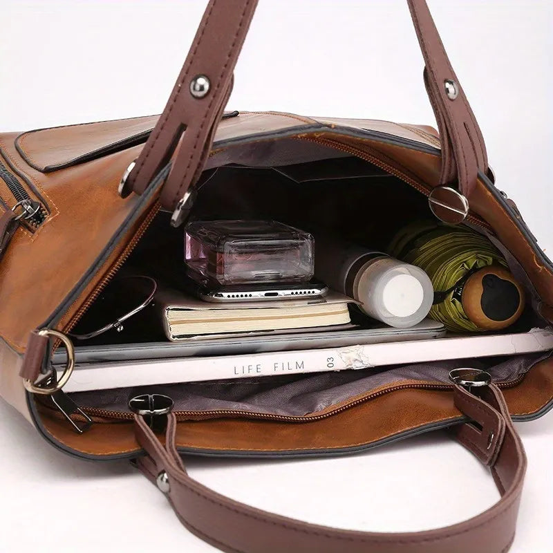 Vintage Vegan Leather Large Capacity Tote Bag with Utility Pockets