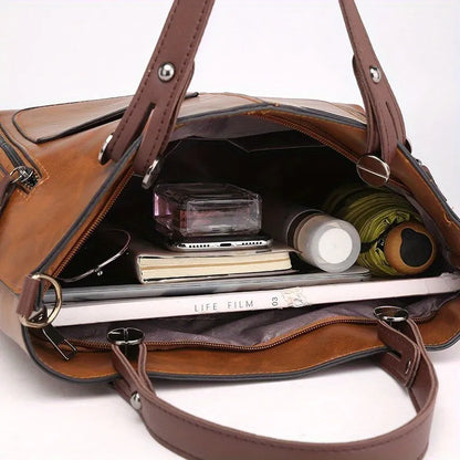 Vintage Vegan Leather Large Capacity Tote Bag with Utility Pockets