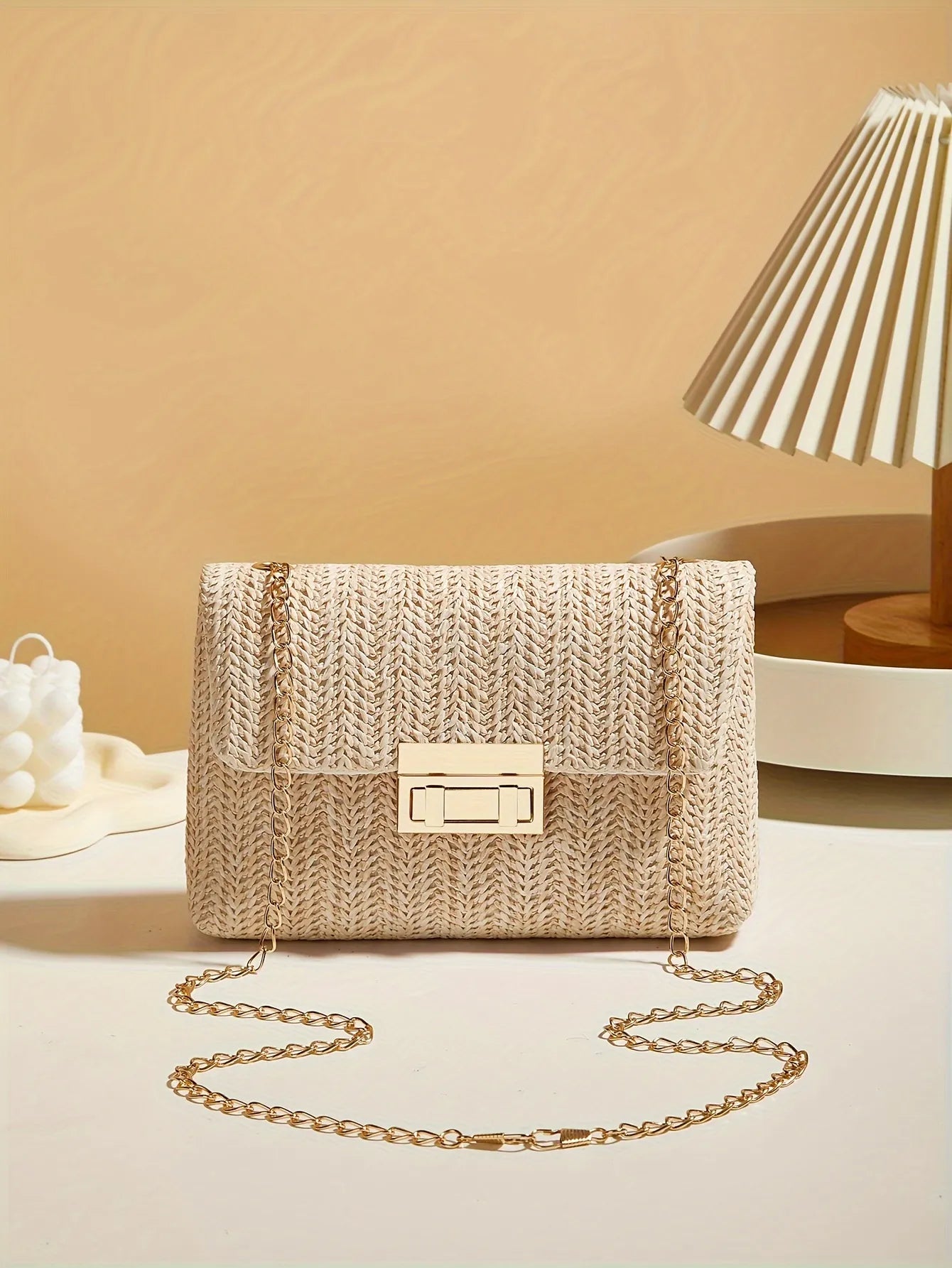 Handwoven Straw Crossbody Bag with Elegant Gold Chain Strap