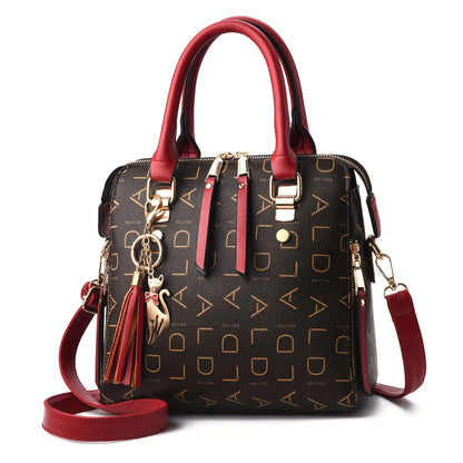 Monogram Vegan Leather Satchel with Tassel and Cat Charm