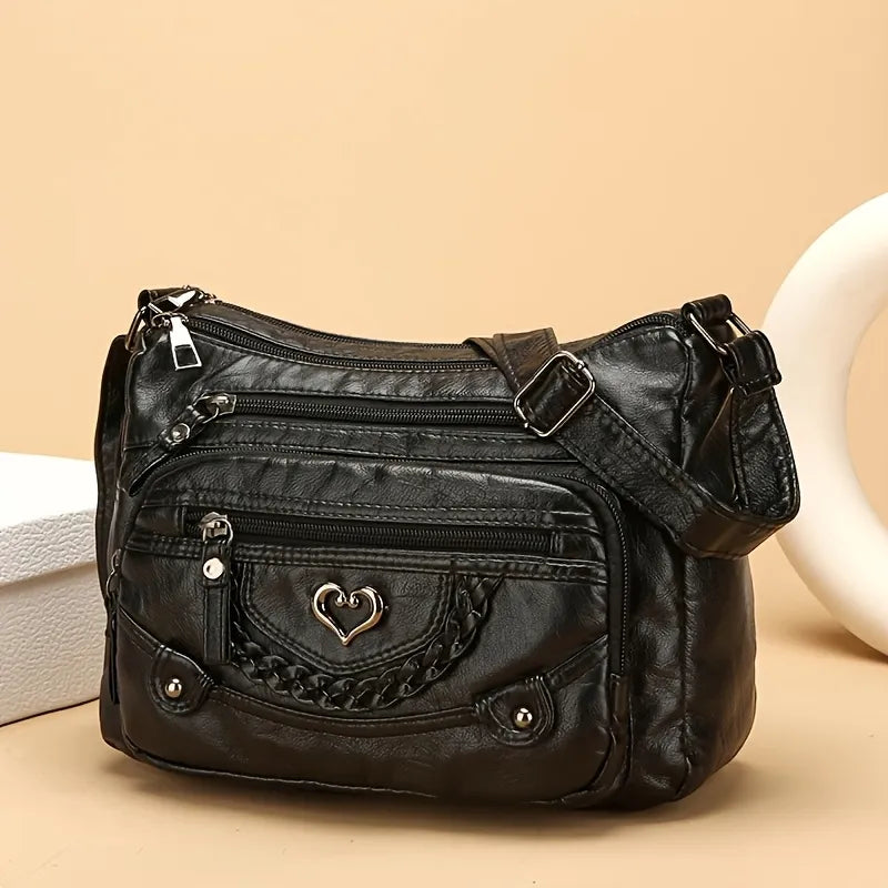 Vintage Vegan Leather Multi-Pocket Crossbody Bag with Heart Accent